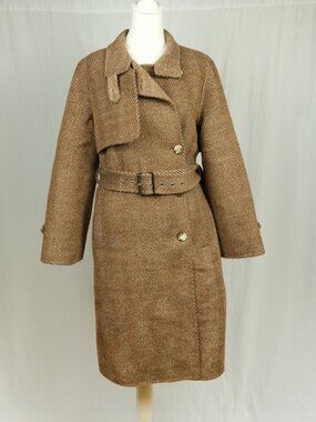 Petite Studio Double-Breasted Herringbone Trench Coat Brown Size S